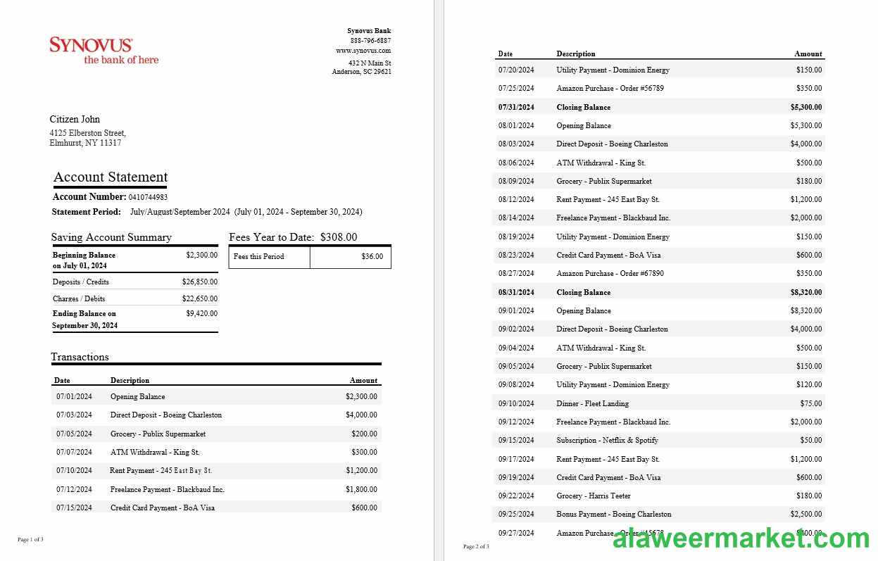 USA Synovus Bank statement Word and PDF template, 3 pages